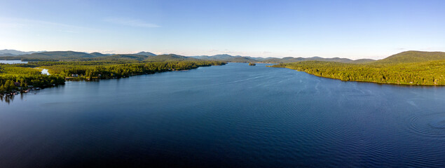 Aerial panoramic view of Lake Pleasant in the Adirondacks, New York. July 7, 2022