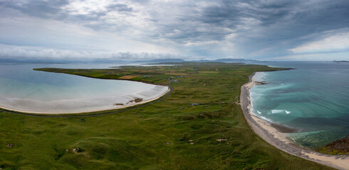 panorama view of the southern Mullet Peninsula in County Mayo in western Ireland with Elly Bay Beach