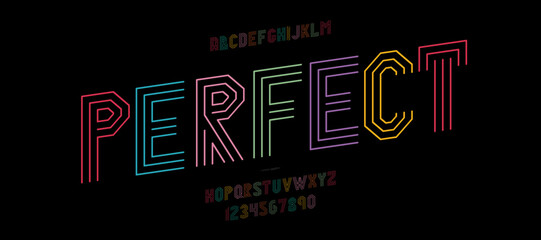 Vector perfect font color line style modern typography for decoration, logo, poster, t shirt, book, card, sale banner, printing on fabric, industrial. Cool typeface. Trendy alphabet. 10 eps