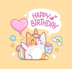 Cute baby Caticorn kitten or Cat Unicorn on happy birthday card template. Happy birthday card design with cute kawaii kitten. Unicorn cat with congratulations and a gift box in hand