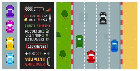 Pixel Race Arcade game with top view cars and objects in 8-bit style. Retro video game icons with background. Vector illustration © VRTX