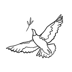 Doodle dove of peace illustration. Pigeon with olive branch line art. Concept of peace. Flying stylized bird vector illustration