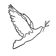 Peace concept vector illustration. Flying bird with olive branch line art. Dove of peace doodle illustration