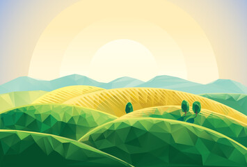 Summer landscape in a generalized, polygonal style, with mountains and hills, with the dawn of the sun.