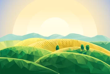 Papier Peint photo Lavable Beige Summer landscape in a generalized, polygonal style, with mountains and hills, with the dawn of the sun.