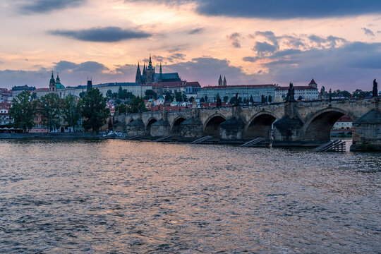 Vitava River and Carl Bridge in the evening.