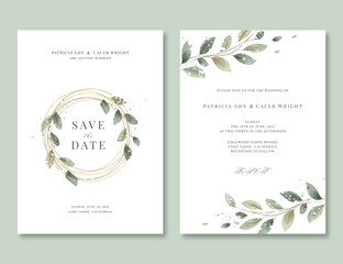Wedding invitation card set template design with watercolor greenery leaf