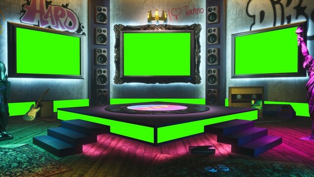 3D rendering Virtual studio with music stage. Green screen displays, loudspeakers, guitar, cassette and statue of liberty. TV studio, music news channel, programs, performances. Advertising area.