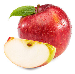 red apple with green leaf isolated on white background. clipping path.