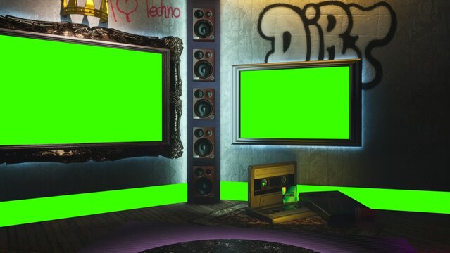 3D rendering Virtual studio with music stage. Displays with green screen banners mock up, loudspeakers, cassette and painting graffiti. TV studio, music news channel, shows, programs, performances.