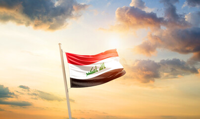 Iraq national flag cloth fabric waving on the sky - Image - obrazy, fototapety, plakaty
