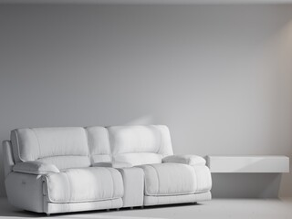 Conceptual design of the room. No color - gray white tone. Sofa and shelf. Mockup idea for a mood board.  Grey materials. Mockup. 3d rendering