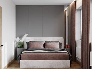 3d rendering of a small bedroom. Gray-white-brown tones of the room design. Curtains and bedding in dark colors. Gray panels and white velor, decorative mirror stripes. Small bedside tables
