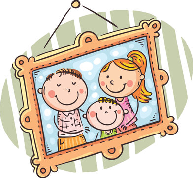 Illustration Of Happy Family Portrait In A Frame On The Wall. Photo For Memory