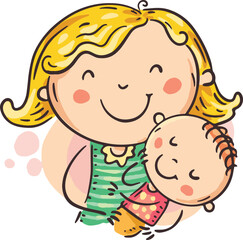 Cartoon illustration of happy mom hugs son