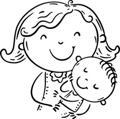 Line drawing of happy mom hugs son