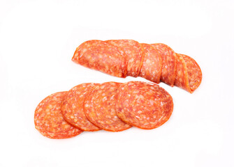 Salami slices, isolated. Meat cold cuts on a white background. Packshot photo.
