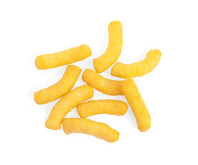 Tasty cheesy corn puffs isolated on white, top view
