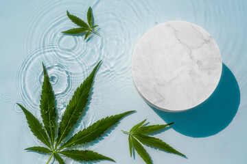 Water background with waves and ripples, cannabis, marijuana leaves and an empty round podium
