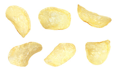 Set of fried crispy potato chips on white background