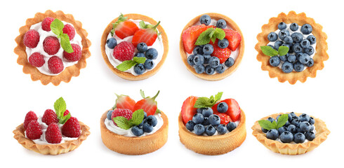 Set of tasty sweet tartlets with fresh berries on white background. Banner design - obrazy, fototapety, plakaty