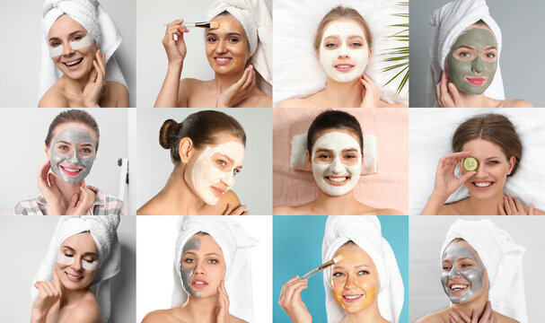 Collage with photos of women with cleansing and moisturizing masks on faces