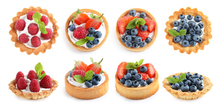 Set of tasty sweet tartlets with fresh berries on white background. Banner design