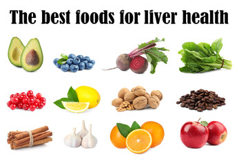 List of the best foods for liver health. Collage with different tasty fresh products on white background