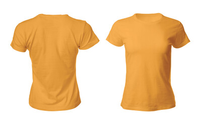 Stylish orange t-shirts on white background, collage. Space for design