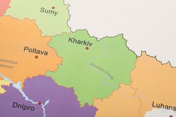 Fototapeta premium Kharkiv region on map of Ukraine, closeup