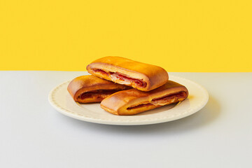 Lanche misto traditional portuguese sandwich with cheese and chorizo. Tasty breakfast over yellow background.