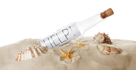 Corked glass bottle with Help note and seashells on sand against white background