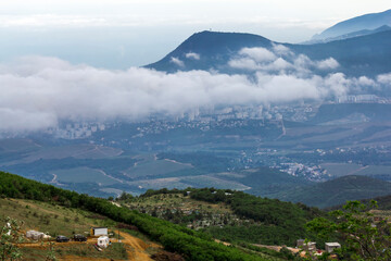 Aerial view of the Demerdzhi mountain range and the ghost valley in Crimea.