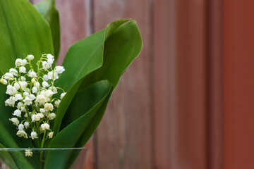 Obraz premium Beautiful lily of the valley flowers in glass vase against red wooden background, closeup. Space for text