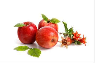 Red apples with pomegranate flowers and fruits on white background, Rosh Hashanah (Jewish New Year...