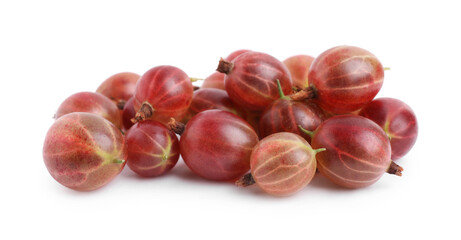 Pile of fresh ripe gooseberries on white background