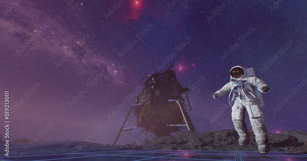 Wall mural an astronaut jumping on alien planet watching earth and stars, standing between rocks near landing m