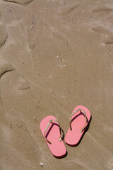Fototapeta na wymiar Stylish pink flip flops on wet sand, above view. Space for text