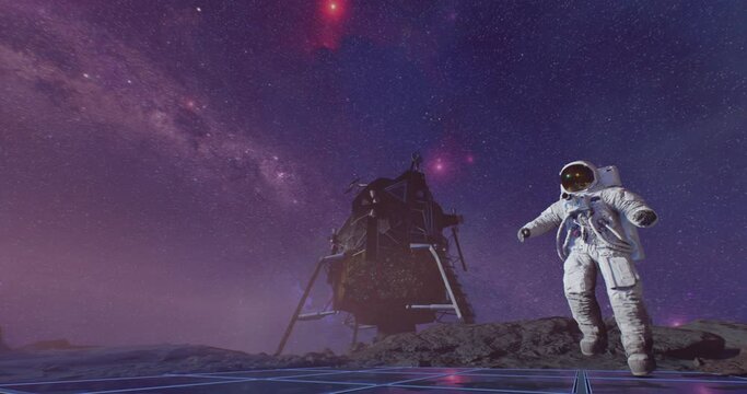 An astronaut jumping on alien planet watching Earth and stars, standing between rocks near landing module on launchpad