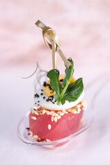 bruschetta with egg and red fish close-up