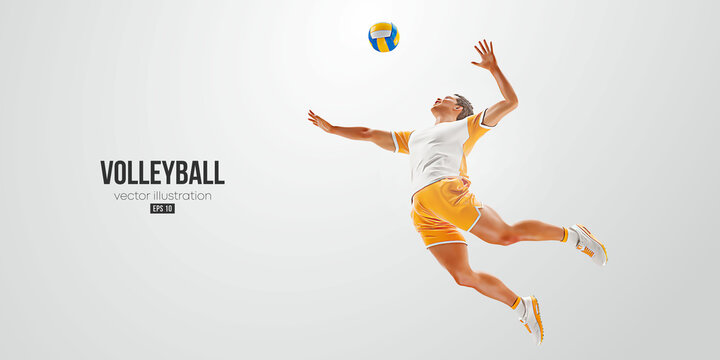 Realistic silhouette of a volleyball player on white background. Volleyball player man hits the ball. Vector illustration