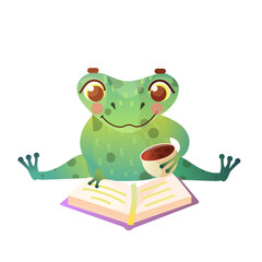 Frog reading and drink coffee or tea. Cute animal reading book. Back to school cartoon vector illustration