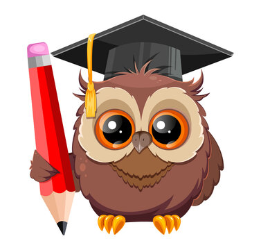 Wise owl in graduation cap. Cute cartoon owl