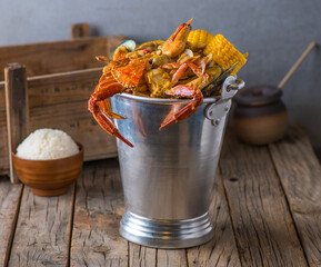 Seafood bucket with rice isolated on wooden background side view of japanese food © Food Shop
