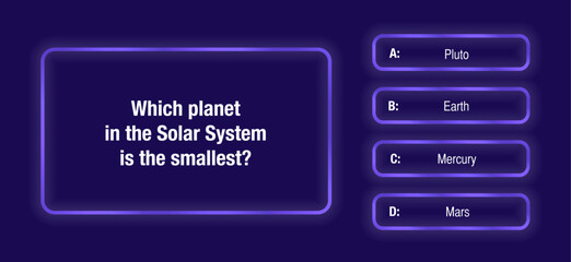 A template of questions and answer options for a quiz on a dark blue neon background. Test, exam, questions for a TV show. Vector illustration of EPS10
