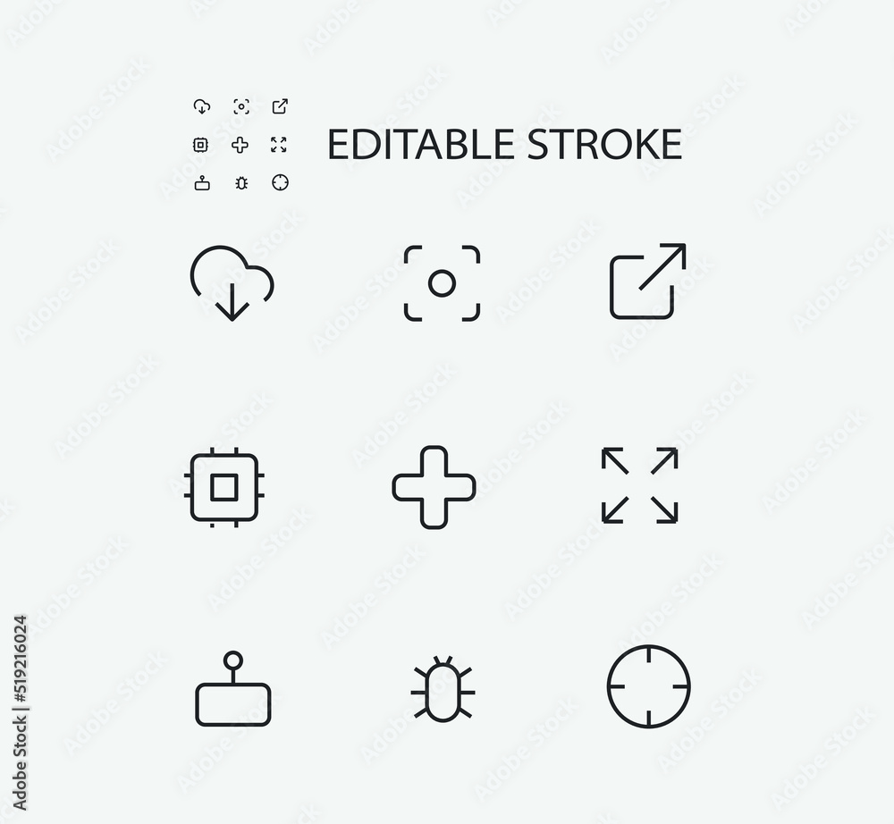 Poster simple set of technology related vector line icons. contains such icons as frame, precision and clou