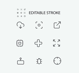 Simple Set of Technology Related Vector Line Icons. Contains such Icons as Frame, Precision and Cloud and more. Editable Stroke. 72x72 Pixel Perfect.