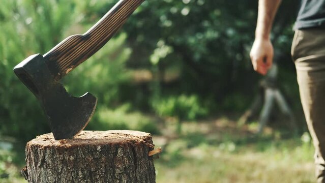The guy throws an ax at a log. The ax plunges into the tree. Rest in a country house
