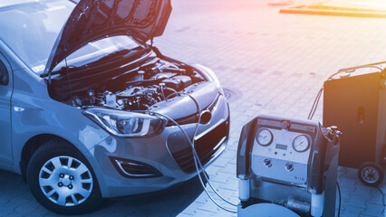 Car air conditioner ac repair service. Refill automobile ac compressor and checking auto...