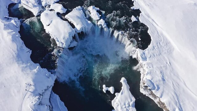 drone over Skjalfandafljot river and godafoss waterfall